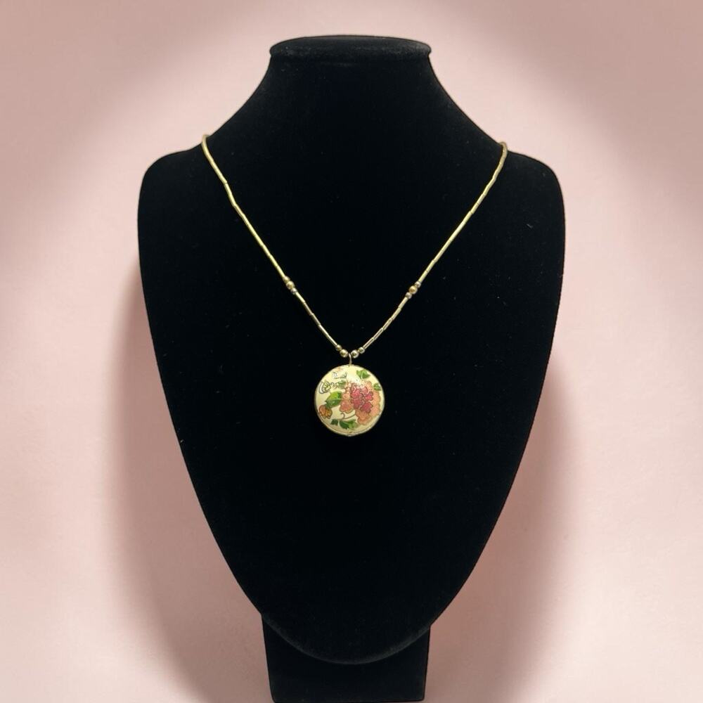 1970s Vintage Chinese Cloisonne Brass Peony Floral Pendant Necklace 18”